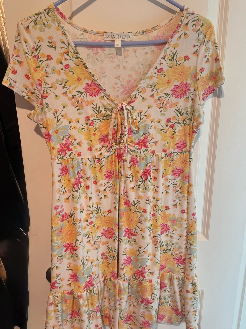 Planet Gold Floral Tie-Front V-Neck Dress in Yellow, Pink, Cream